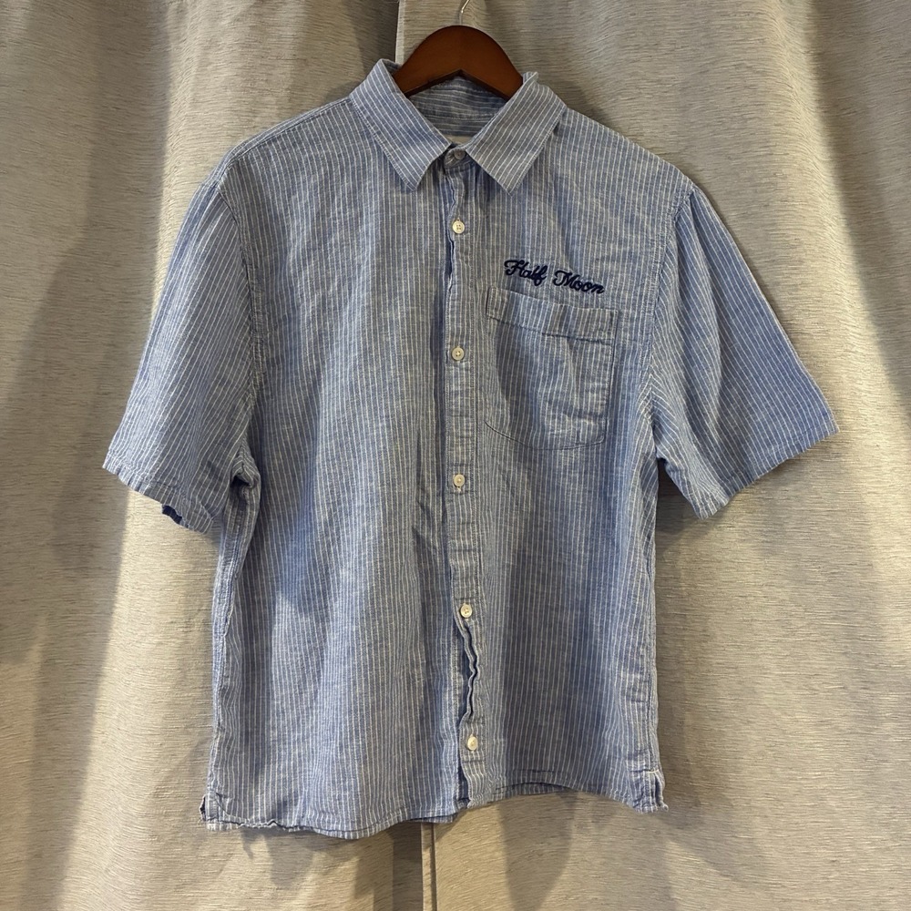 Hollister Boxy Short Sleeve Linen Blend Half Moon Graphic Shirt Mens Medium Blue